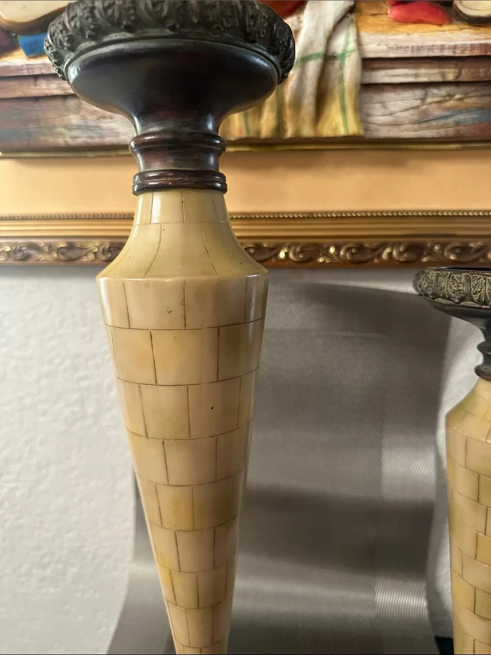 Home Accents Cream and Brown Mosaic Tapered Candle Holders (Pair)